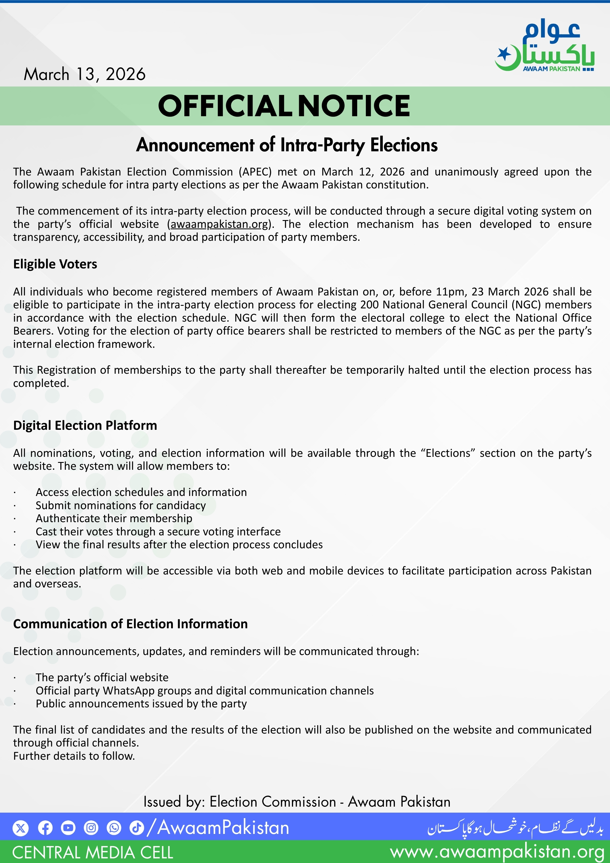 Official Notice: Intra-Party Election Process and Schedule – Awaam Pakistan (2026)